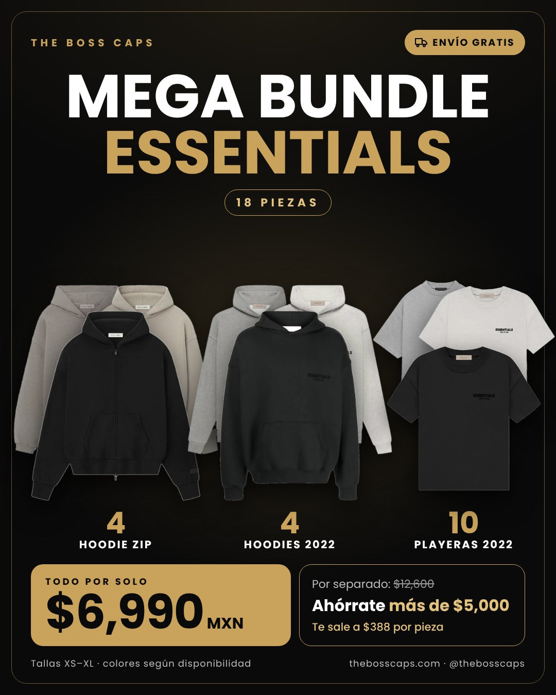 Mega Bundle Essentials: 4 Hoodie Zip, 4 Hoodies 2022 y 10 Playeras 2022